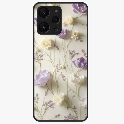 Lilac Breeze Harmony Glass Case showing flat back view with soft lilac themed artwork and glossy glass finish.