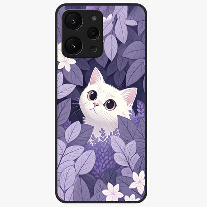 Lilac Hide Peek Cat Glass Case showing flat back view with cute peeking cat artwork and glossy glass finish.