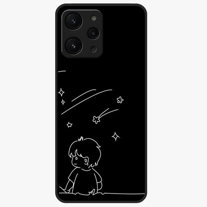 Line Art Boy With Shooting Stars Glass Case showing flat back view with minimal line art boy and shooting stars illustration and glossy glass finish.