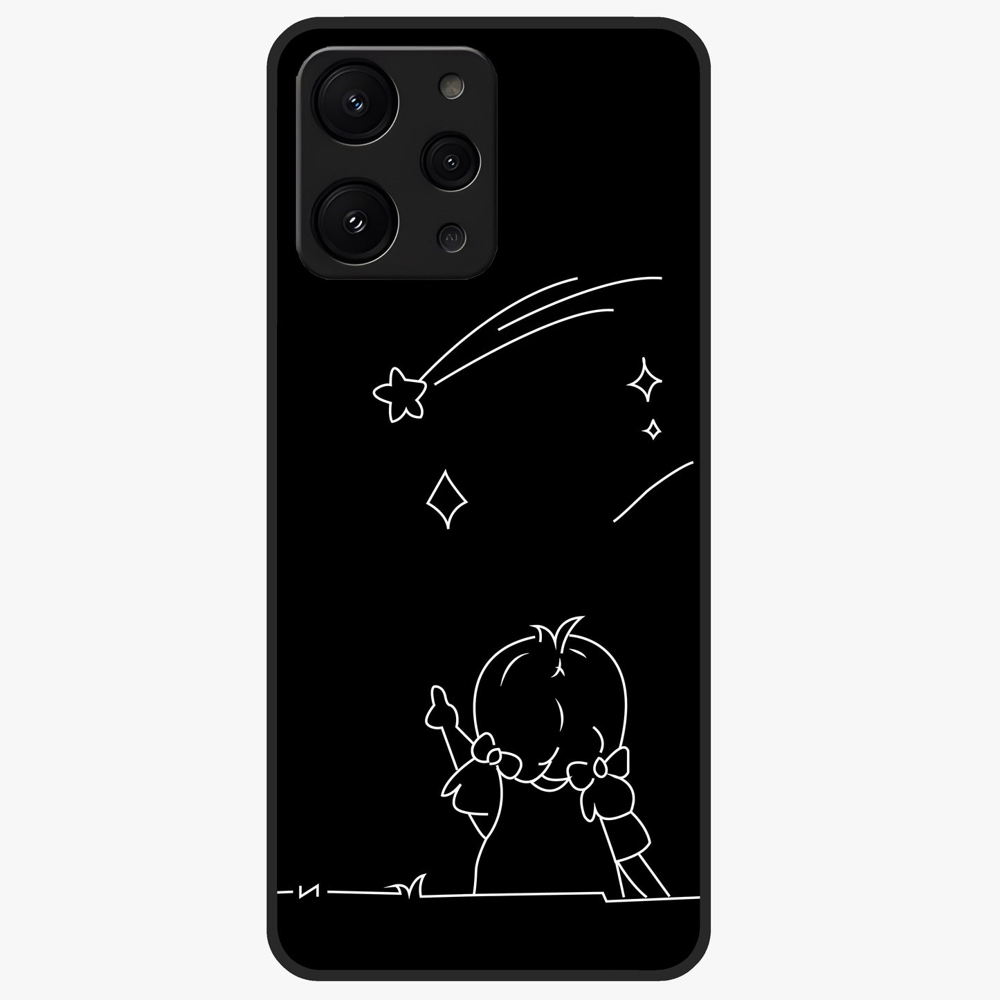 Line Art Girl With Shooting Stars Glass Case showing flat back view with minimal line art girl and shooting stars illustration and glossy glass finish.