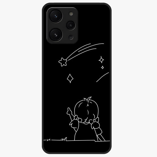 Line Art Girl With Shooting Stars Glass Case showing flat back view with minimal line art girl and shooting stars illustration and glossy glass finish.