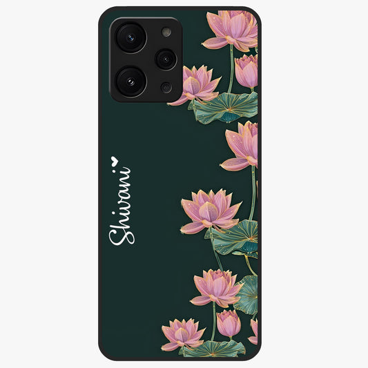 Lotus Bloom Serenity Custom Name Glass Case showing flat back view with elegant lotus flower artwork and personalized name design.