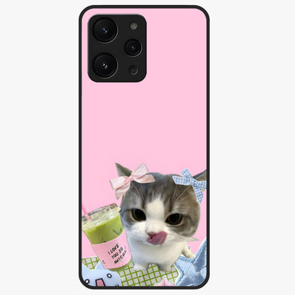 Love Matcha Cat Glass Case showing flat back view with cute cat and matcha themed artwork and glossy glass finish.