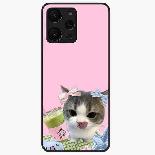 Love Matcha Cat Glass Case showing flat back view with cute cat and matcha themed artwork and glossy glass finish.
