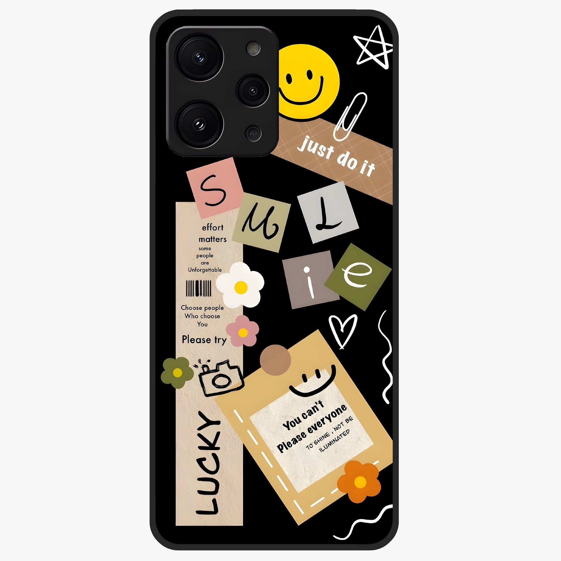 Lucky Aesthetic Collage Glass Case showing flat back view with trendy aesthetic collage artwork and glossy glass finish.