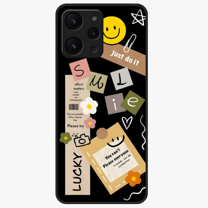 Lucky Aesthetic Collage Glass Case showing flat back view with trendy aesthetic collage artwork and glossy glass finish.