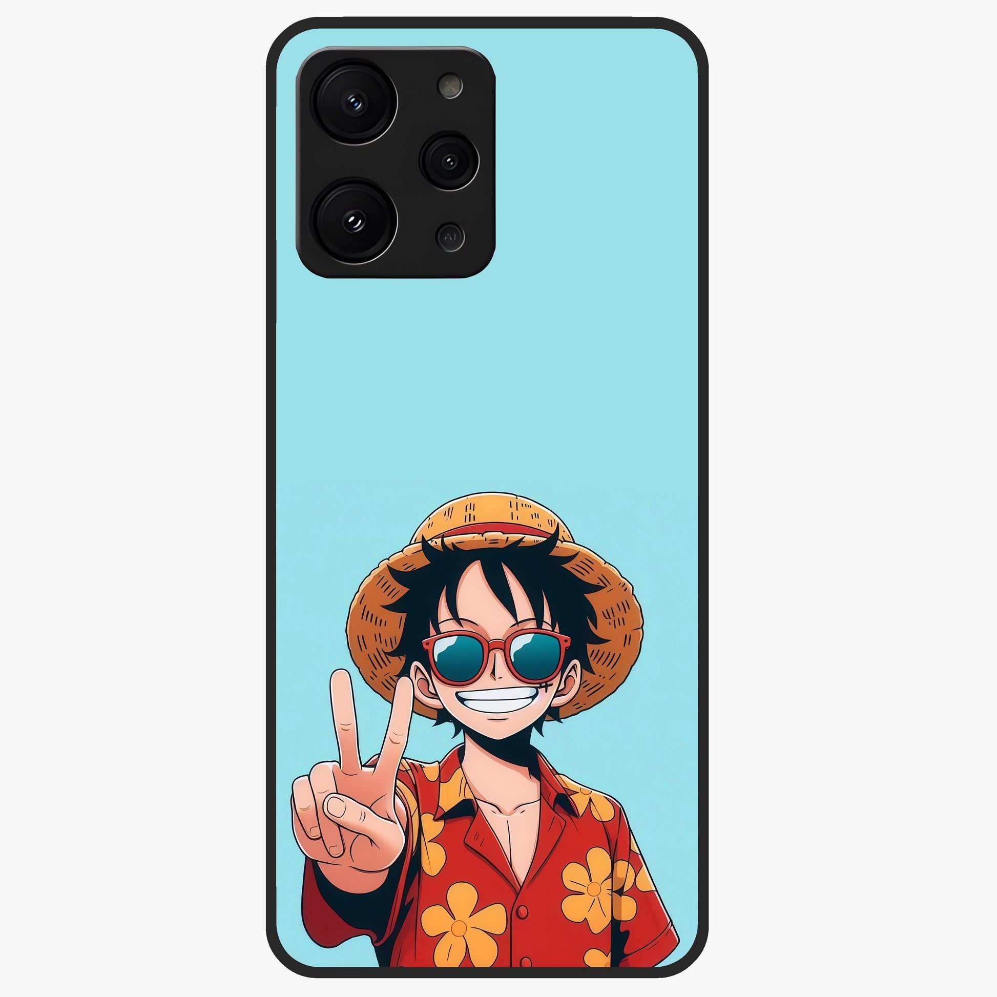 Luffy Summer Anime Vibe Glass Case showing flat back view with vibrant anime character artwork and glossy glass finish.