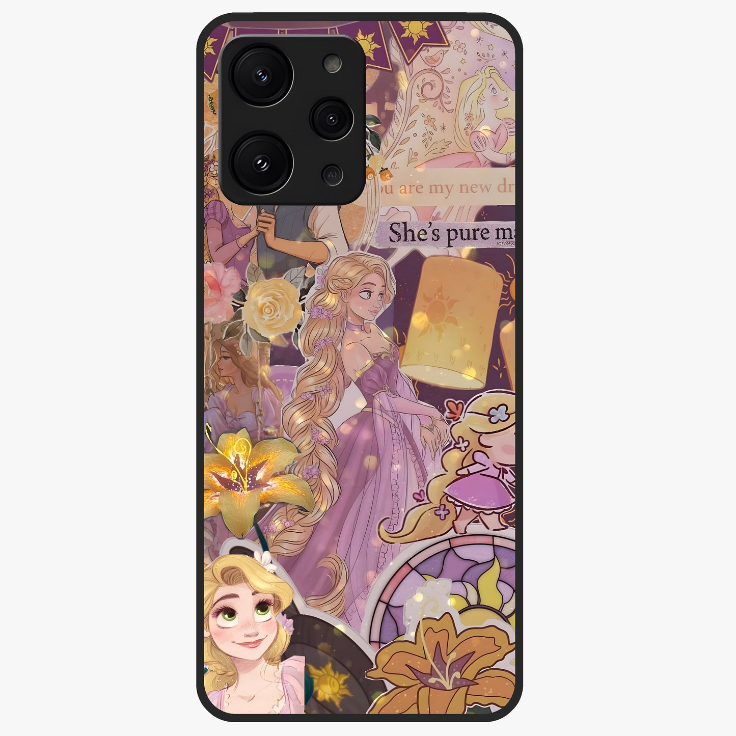 Magical Tangled Dream Glass Case showing flat back view with dreamy tangled artwork and glossy glass finish.