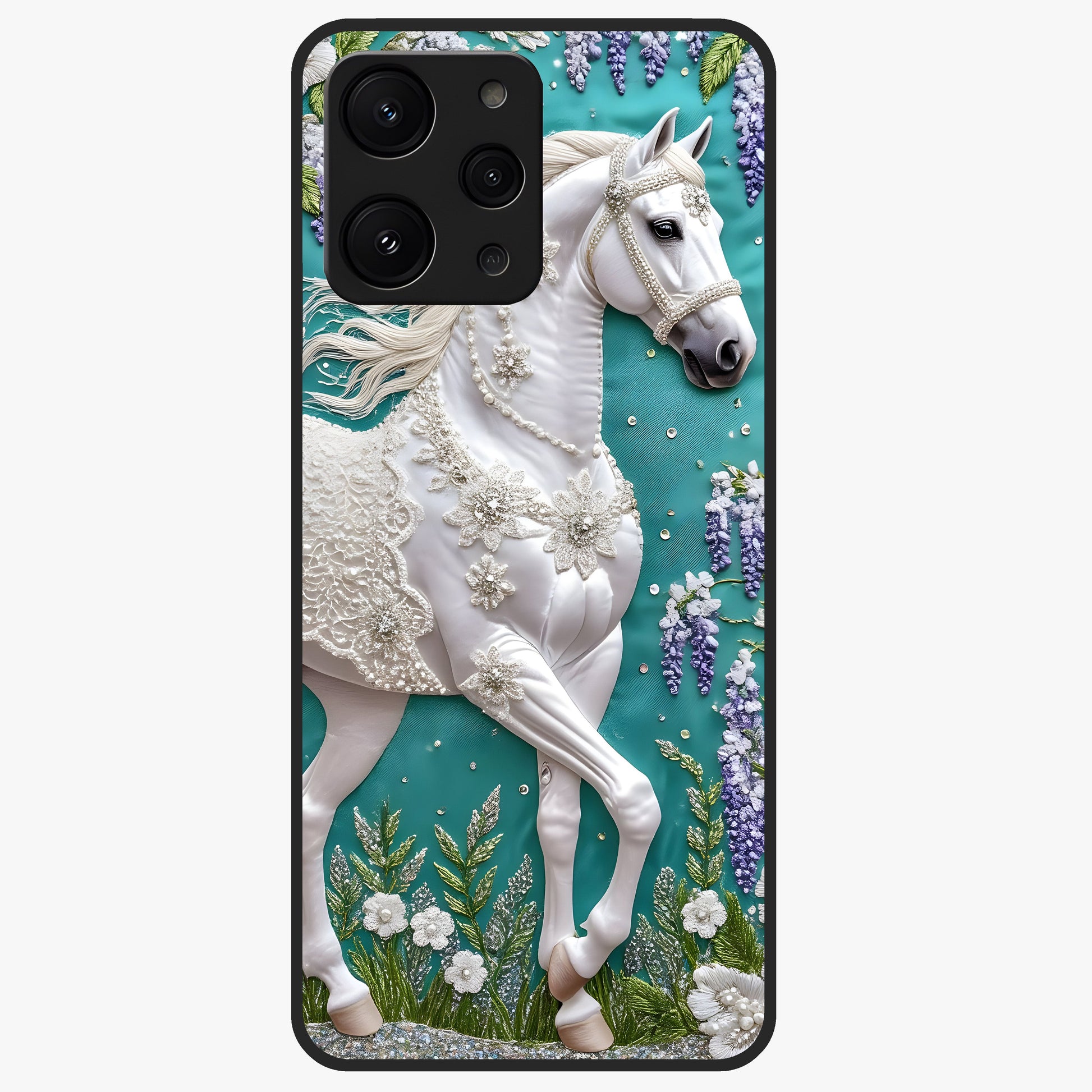Majestic Floral Stallion Glass Case showing flat back view with powerful horse and floral artwork and glossy glass finish.