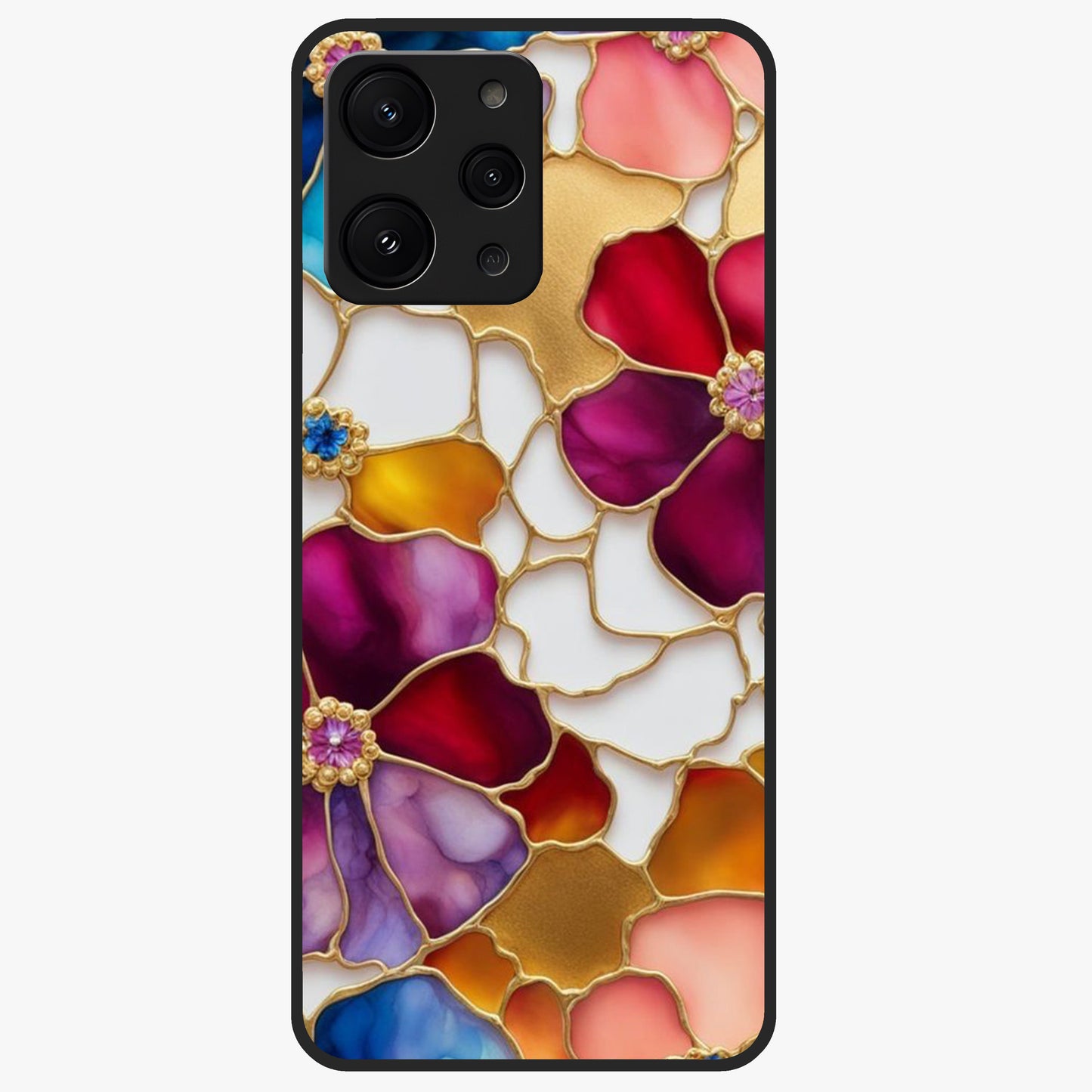 Marble Flower Pattern Glass Case showing flat back view with marble texture floral artwork and glossy glass finish.