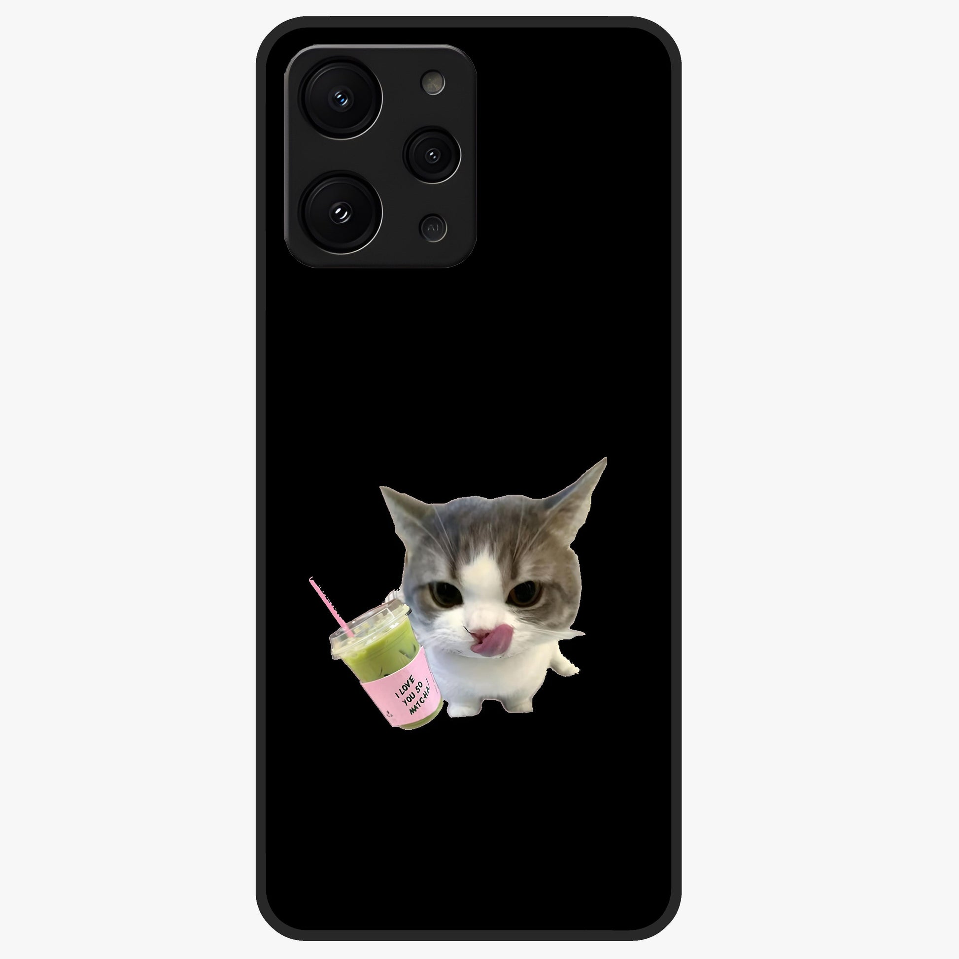 Matcha Cat Style Glass Case showing flat back view with cute matcha themed cat artwork and glossy glass finish.