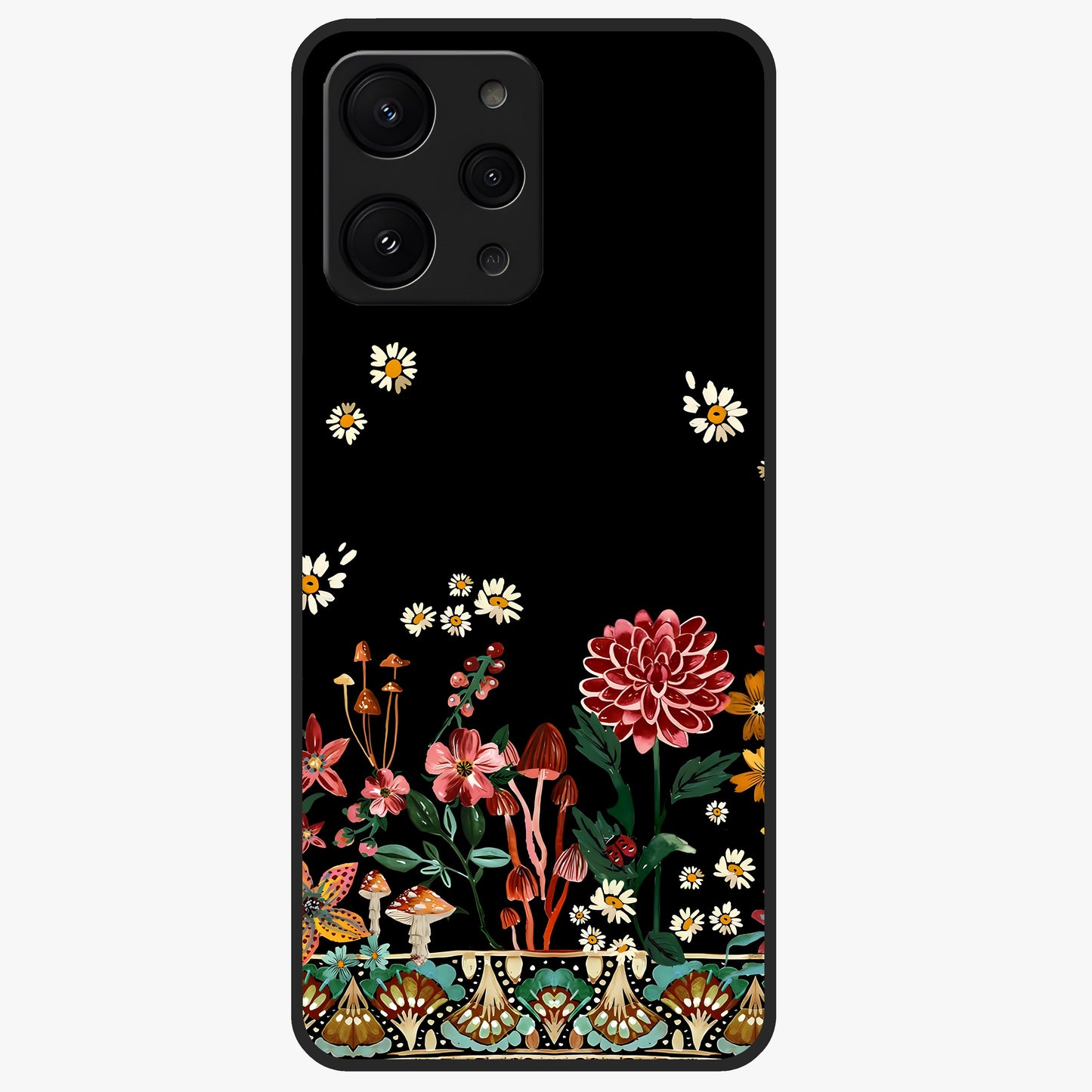 Midnight Bloom Pattern Glass Case showing flat back view with dark floral pattern artwork and glossy glass finish.
