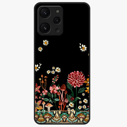 Midnight Bloom Pattern Glass Case showing flat back view with dark floral pattern artwork and glossy glass finish.