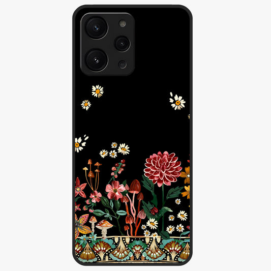 Midnight Bloom Pattern Glass Case showing flat back view with dark floral pattern artwork and glossy glass finish.