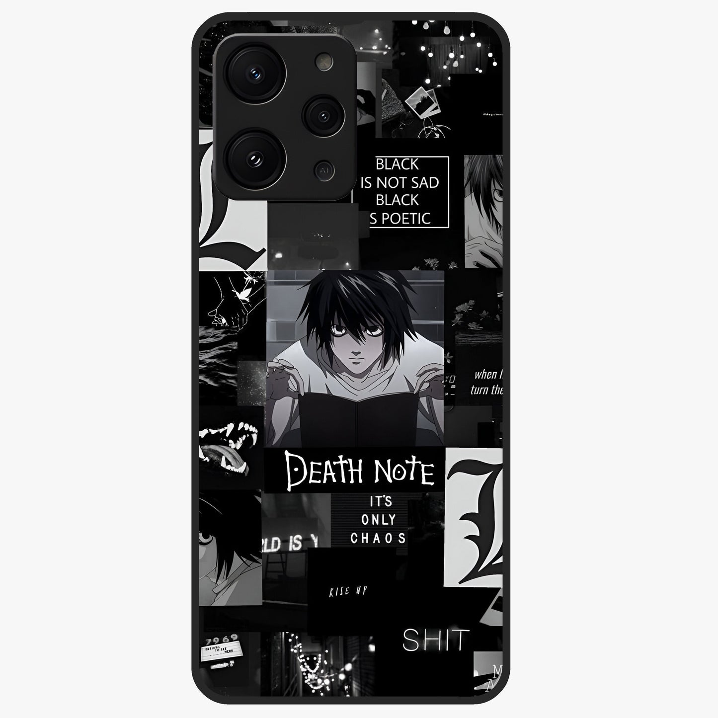 Midnight Chaos Mind Glass Case showing flat back view with abstract dark themed artwork and glossy glass finish.