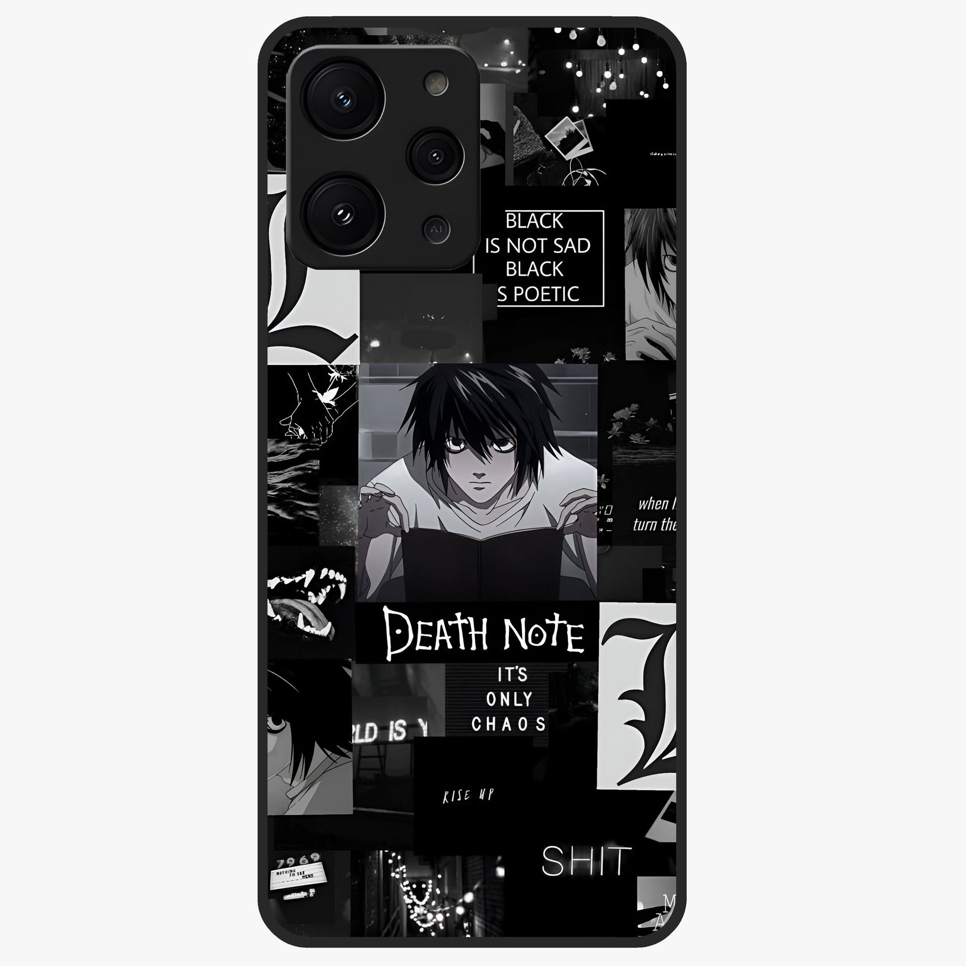 Midnight Chaos Mind Glass Case showing flat back view with abstract dark themed artwork and glossy glass finish.