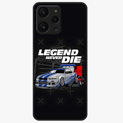 Midnight Racing Legacy Glass Case showing flat back view with sleek racing inspired artwork and glossy glass finish.