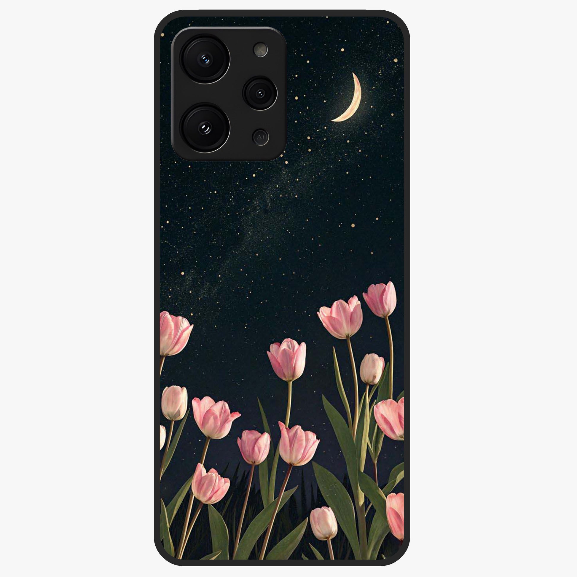 Midnight Tulip Whispers Vibe Glass Case showing flat back view with elegant tulip flower artwork and glossy glass finish.