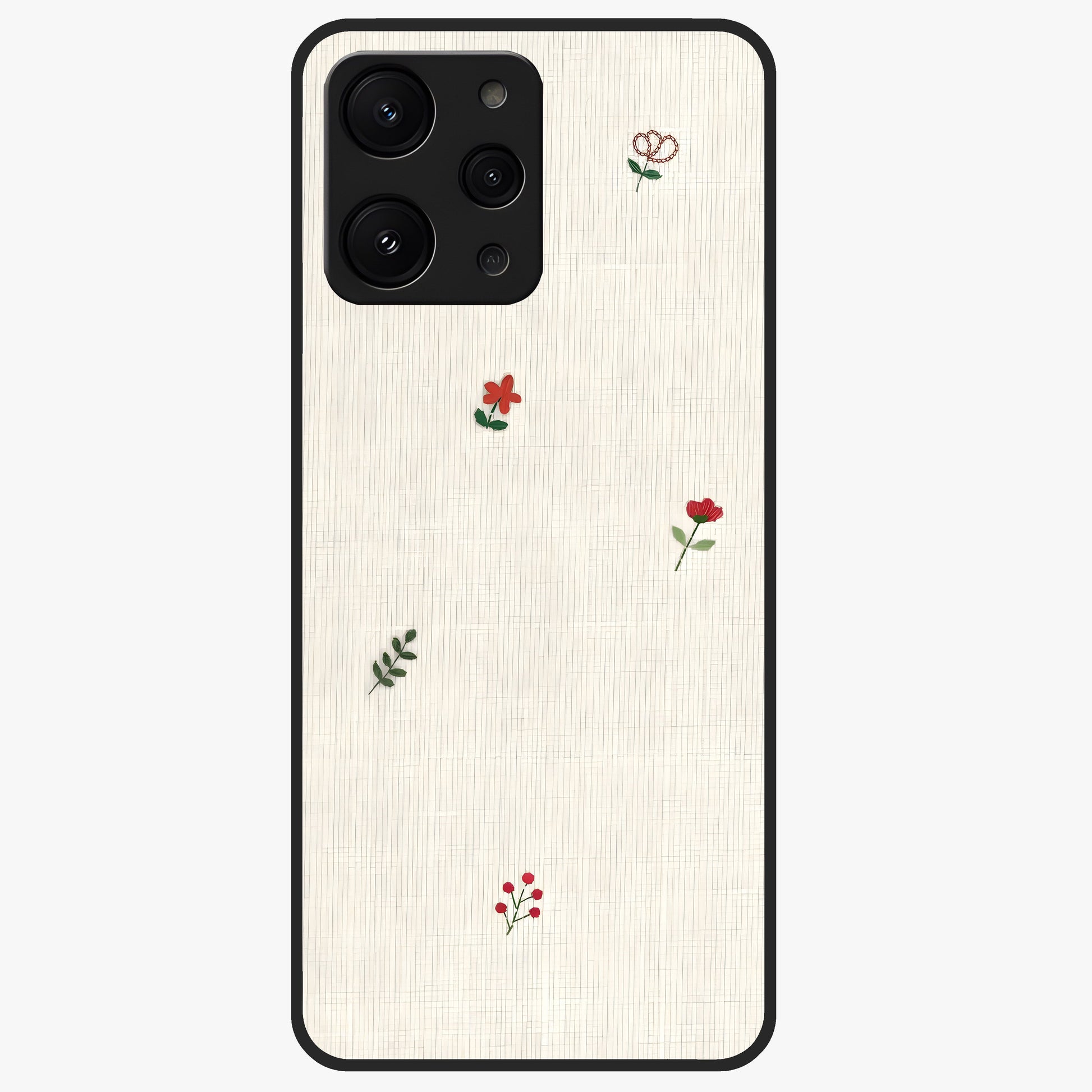 Minimal Petal Whispers Glass Case showing flat back view with soft minimal floral artwork and glossy glass finish.