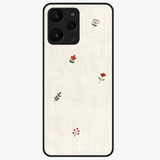 Minimal Petal Whispers Glass Case showing flat back view with soft minimal floral artwork and glossy glass finish.