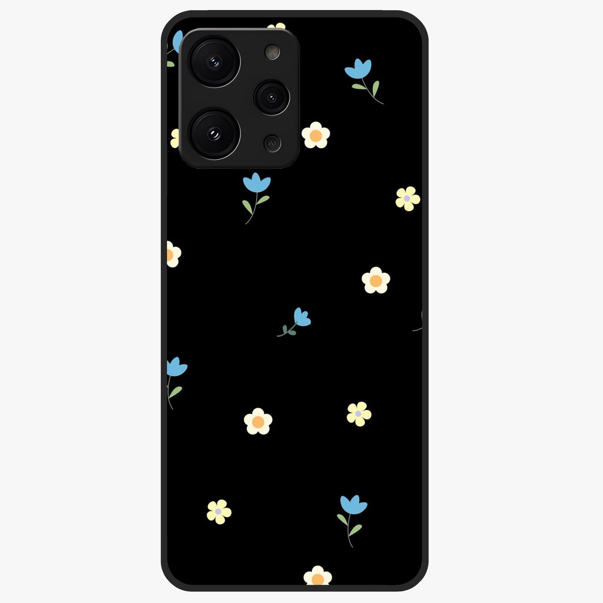 Minimalistic Blue With White Flower Pattern Glass Case showing flat back view with blue background and white flower pattern and glossy glass finish.