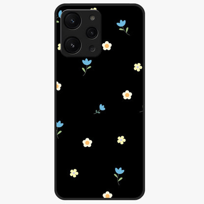 Minimalistic Blue With White Flower Pattern Glass Case showing flat back view with blue background and white flower pattern and glossy glass finish.