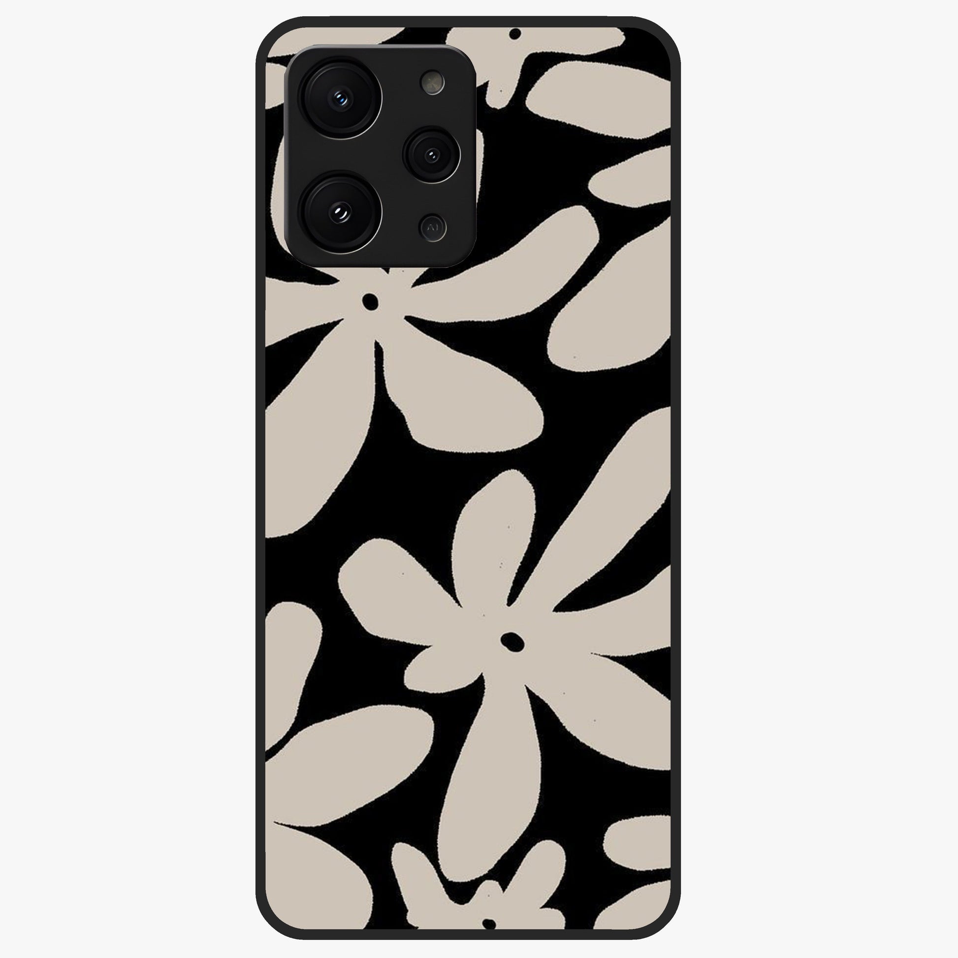Monochrome Petal Dance Glass Case showing flat back view with monochrome floral artwork and glossy glass finish.
