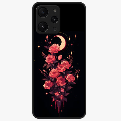Moonlit Floral Elegance Glass Case showing flat back view with elegant floral artwork under moonlit tones and glossy glass finish.