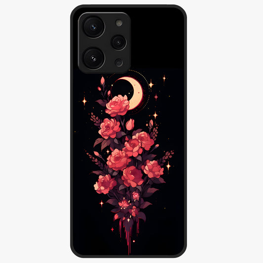 Moonlit Floral Elegance Glass Case showing flat back view with elegant floral artwork under moonlit tones and glossy glass finish.