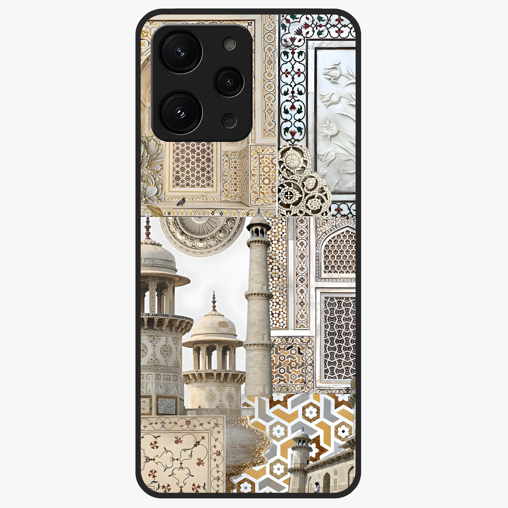 Mughal Marble Legacy Glass Case showing flat back view with intricate Mughal inspired marble pattern and glossy glass finish.