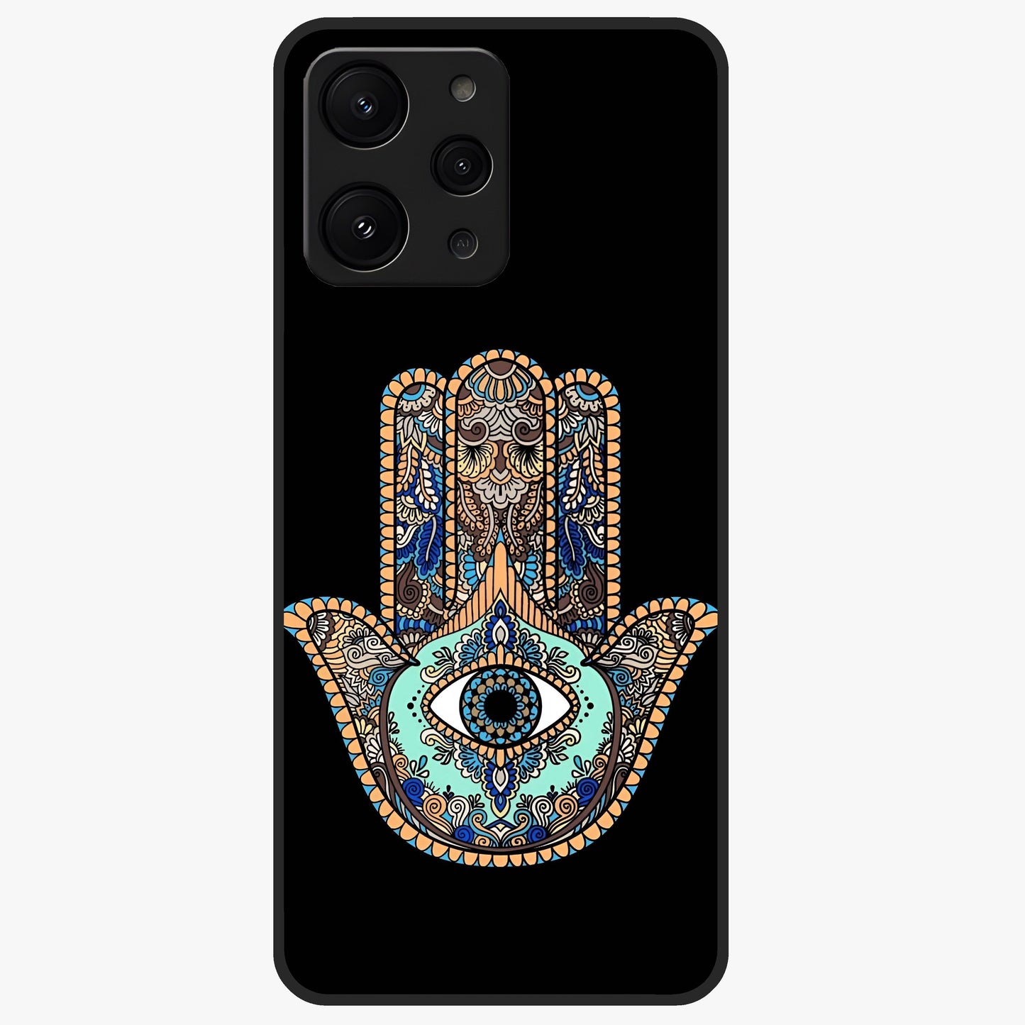 Mystic Hamsa Eye Glass Case showing flat back view with protective hamsa hand and evil eye artwork and glossy glass finish.