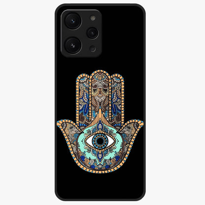 Mystic Hamsa Eye Glass Case showing flat back view with protective hamsa hand and evil eye artwork and glossy glass finish.