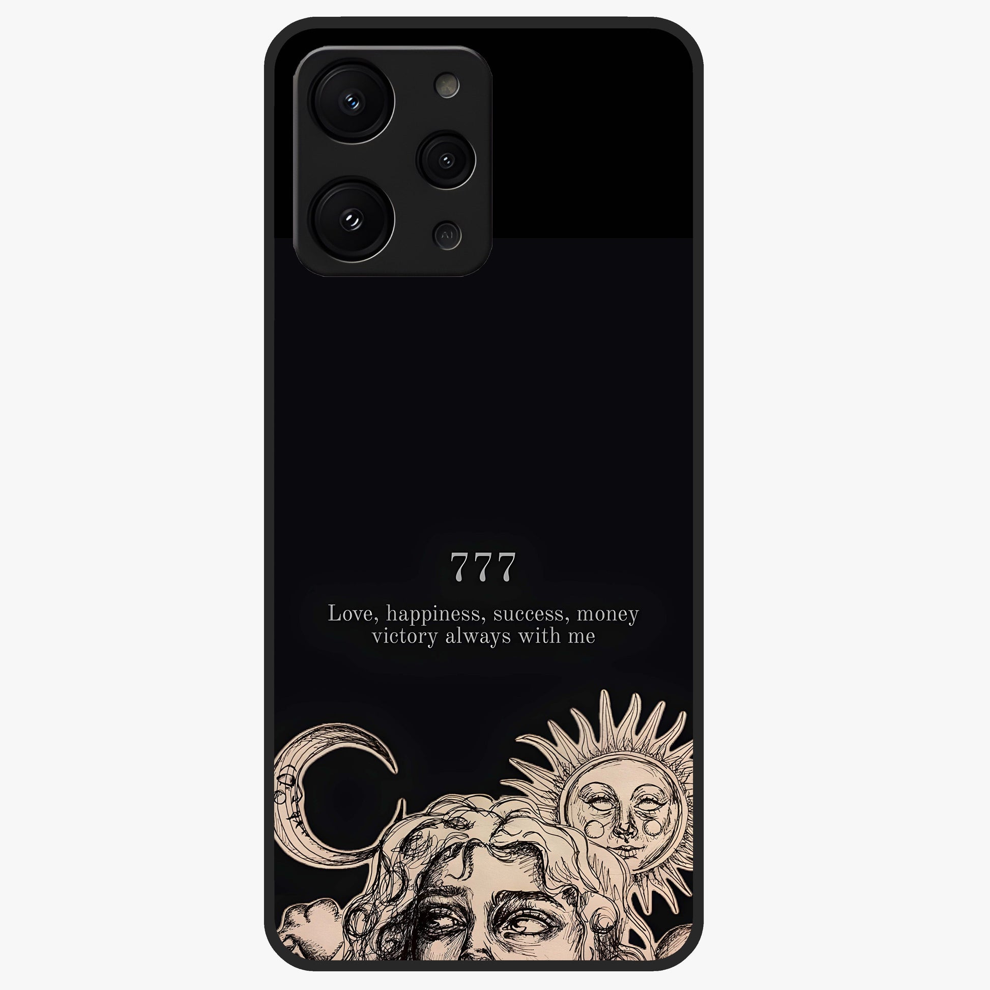 Mystic Victory Aura Glass Case showing flat back view with victory symbol artwork and glossy glass finish.