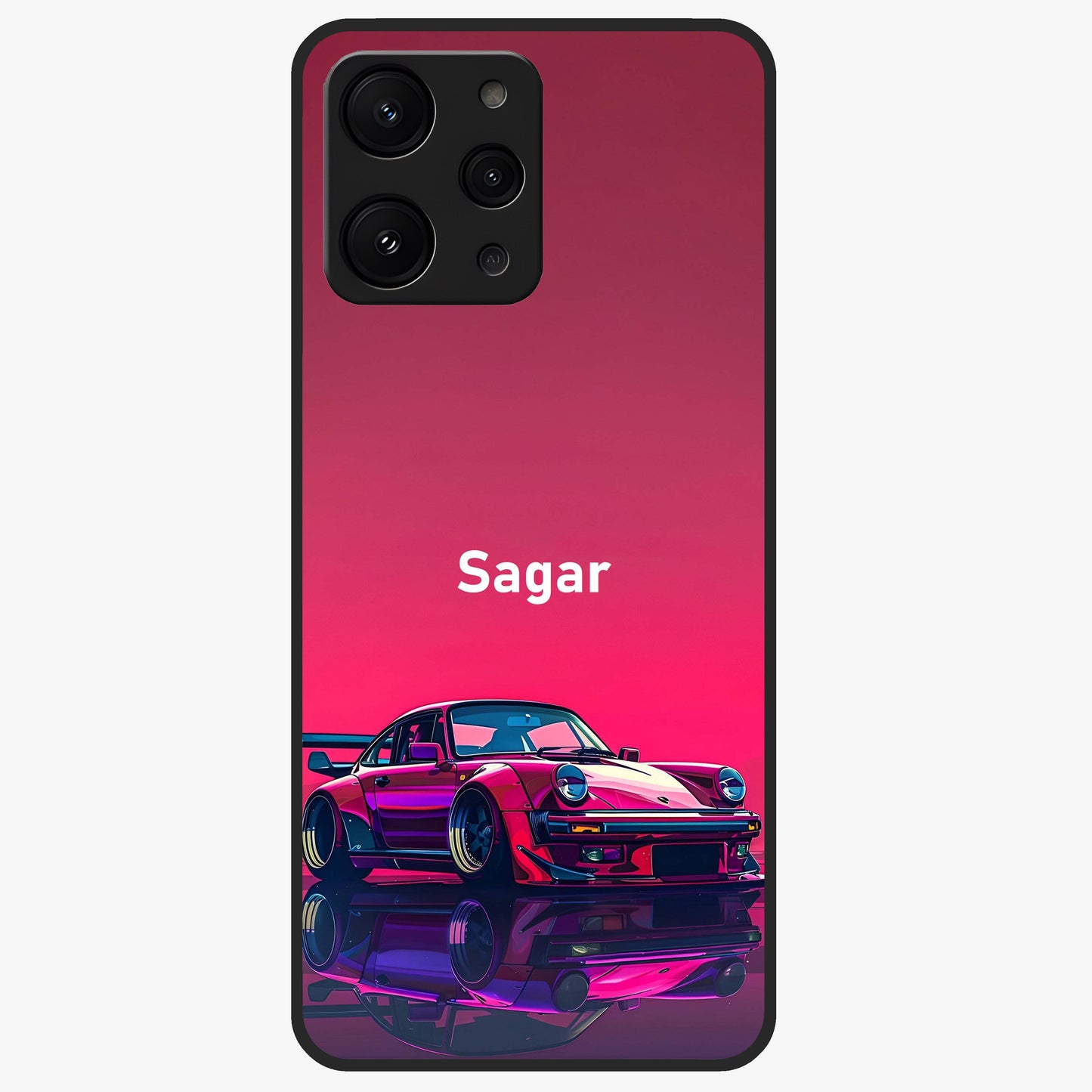 Neon Pink Porsche Glass Case showing flat back view with stylish sports car artwork and glossy glass finish.