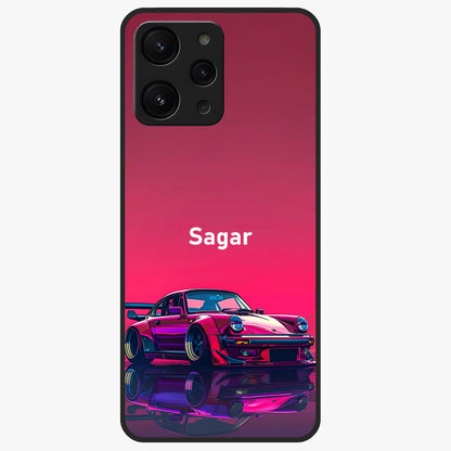 Neon Pink Porsche Glass Case showing flat back view with stylish sports car artwork and glossy glass finish.