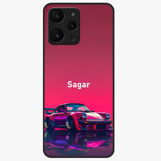Neon Pink Porsche Glass Case showing flat back view with stylish sports car artwork and glossy glass finish.