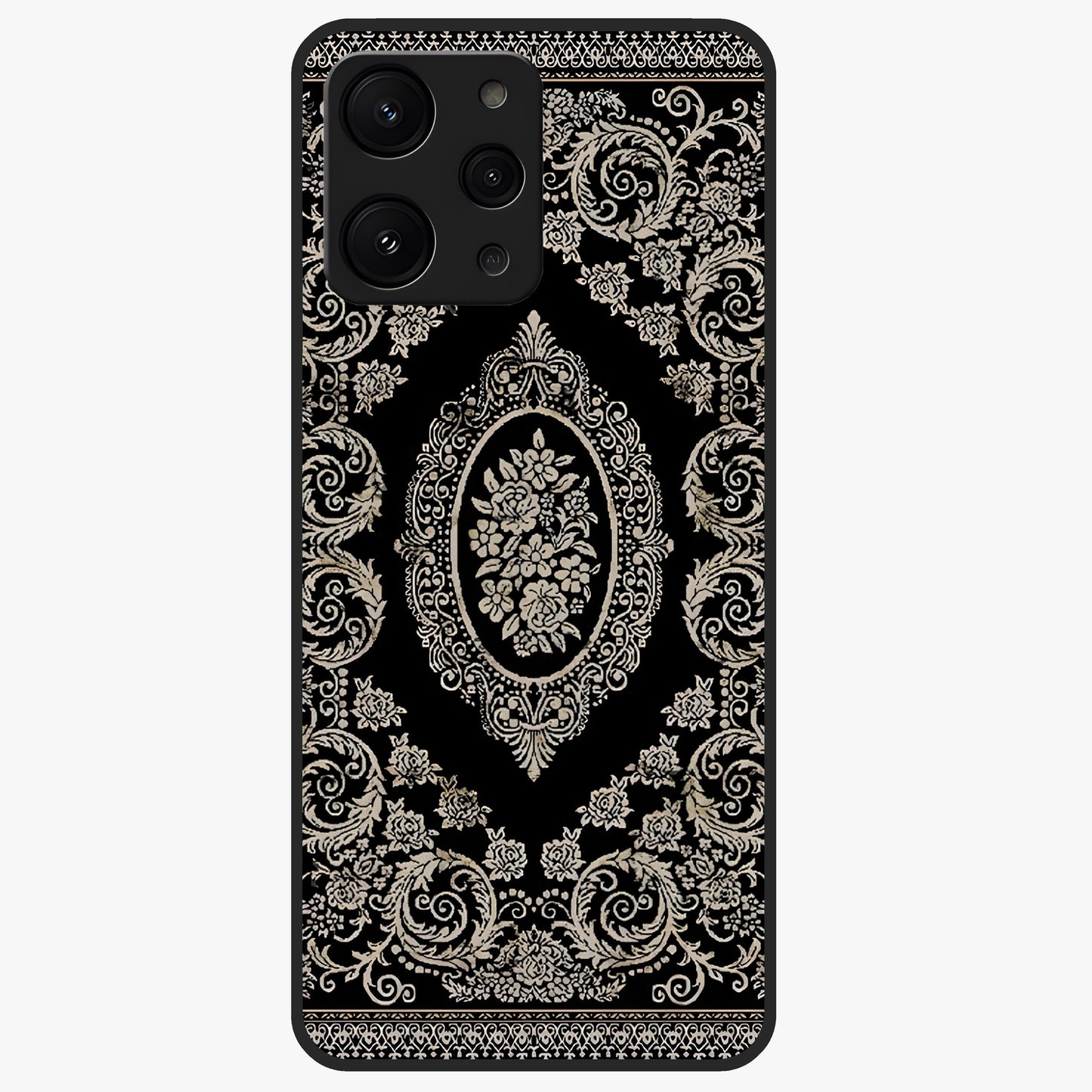 Noir Bloom Elegance Glass Case showing flat back view with elegant dark floral artwork and glossy glass finish.