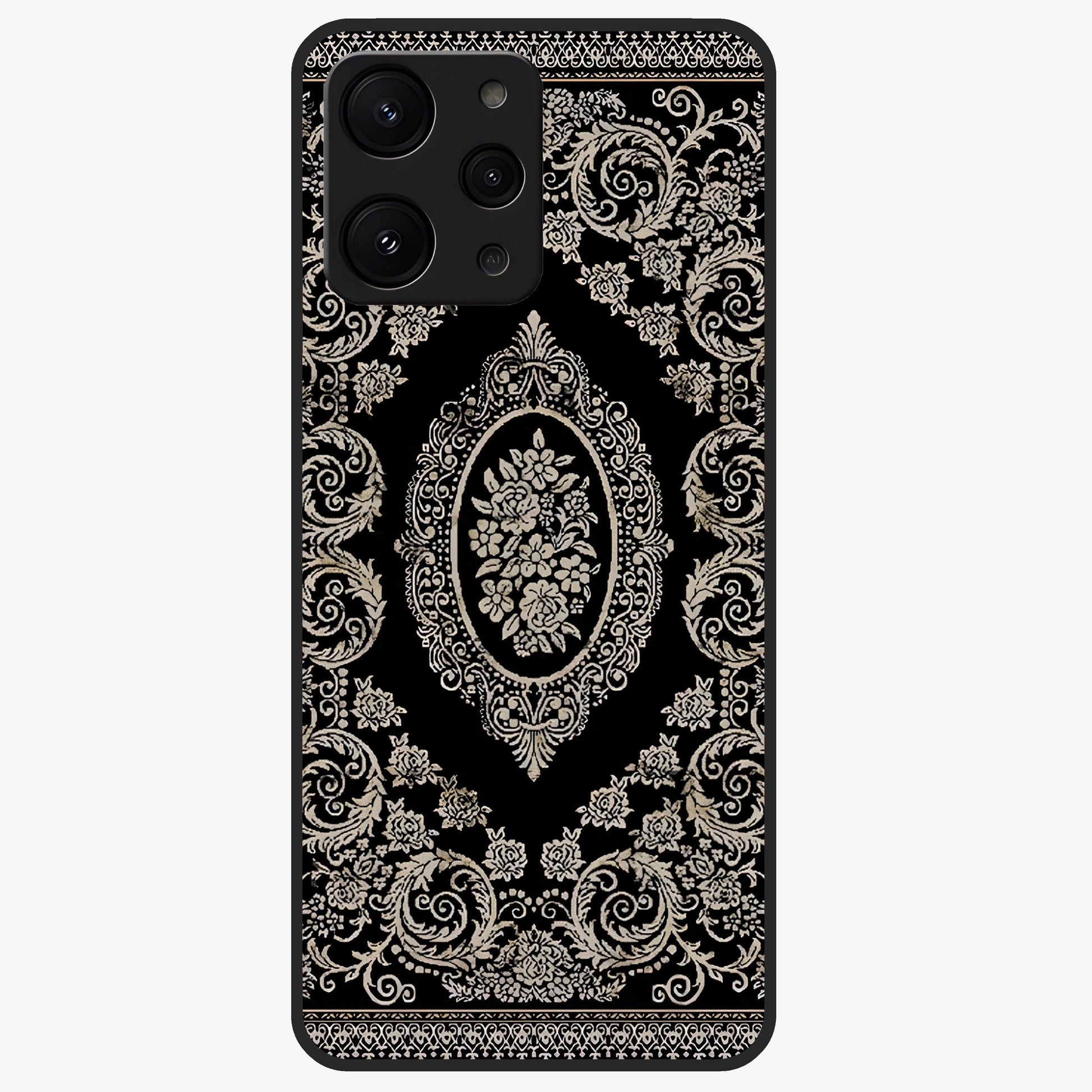 Noir Bloom Elegance Glass Case showing flat back view with elegant dark floral artwork and glossy glass finish.