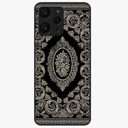 Noir Bloom Elegance Glass Case showing flat back view with elegant dark floral artwork and glossy glass finish.