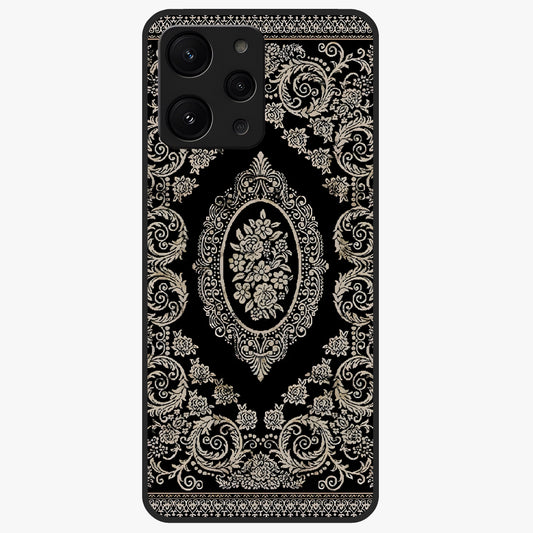 Noir Bloom Elegance Glass Case showing flat back view with elegant dark floral artwork and glossy glass finish.