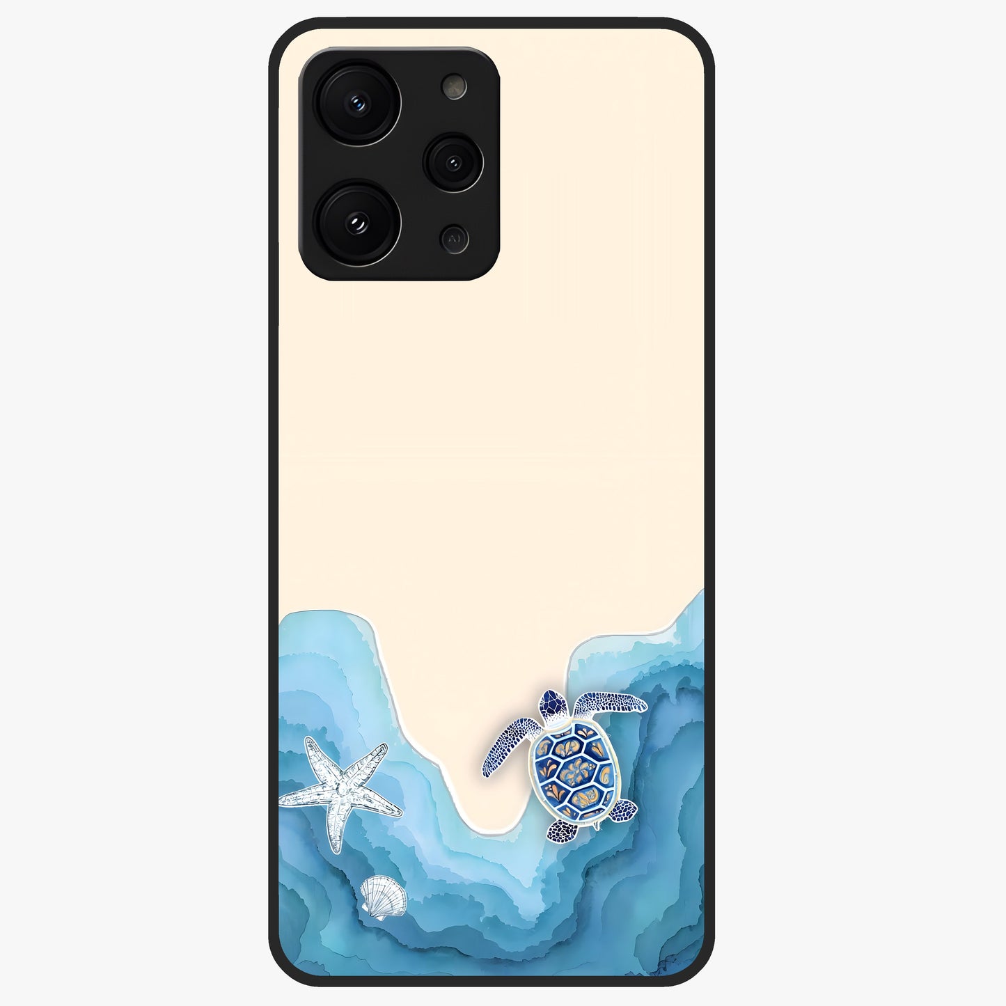 Ocean Drift Turtle Glass Case showing flat back view with sea turtle artwork and glossy glass finish.