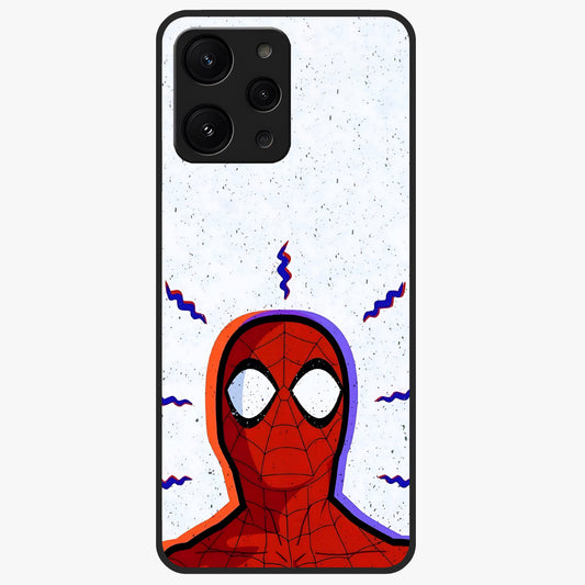 Omg Spiderman Glass Case showing flat back view with bold superhero inspired artwork and glossy glass finish.