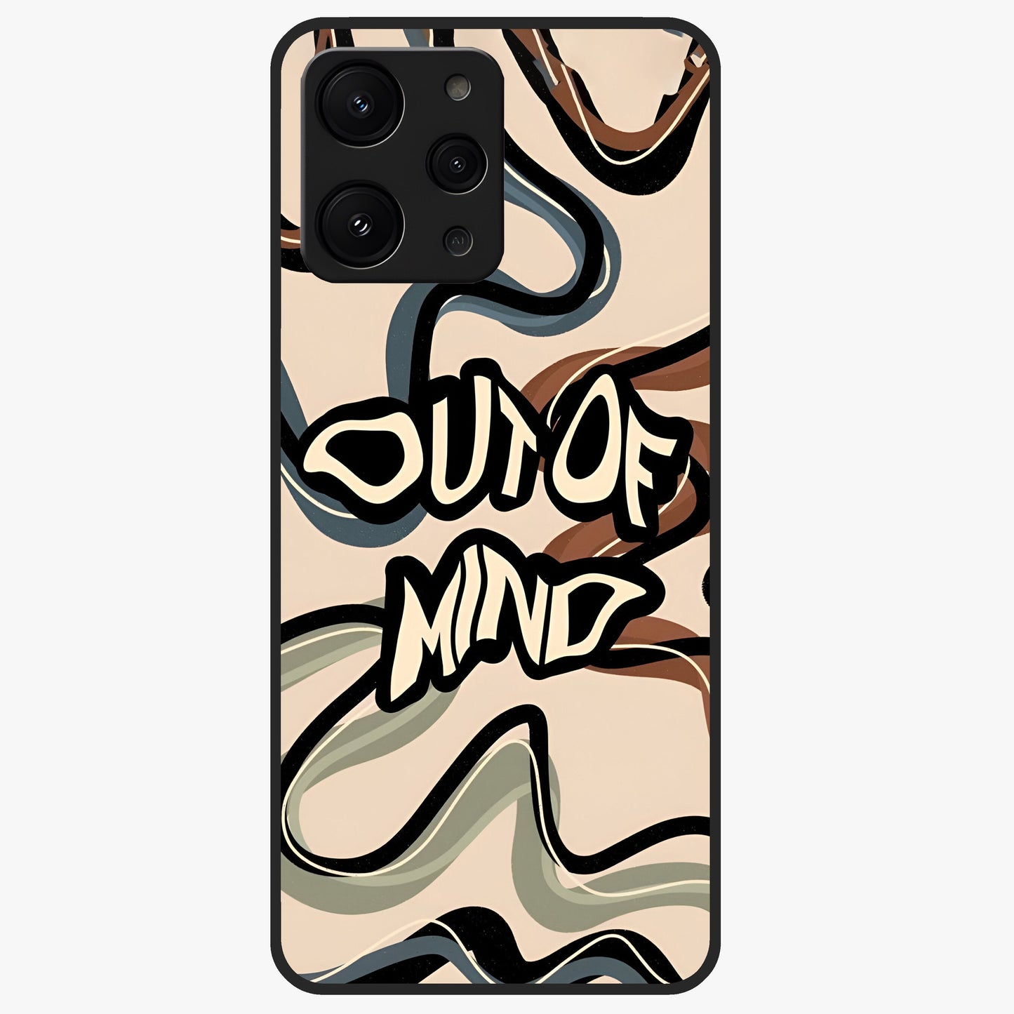 Out Of Mind Glass Case showing flat back view with expressive typography artwork and glossy glass finish.