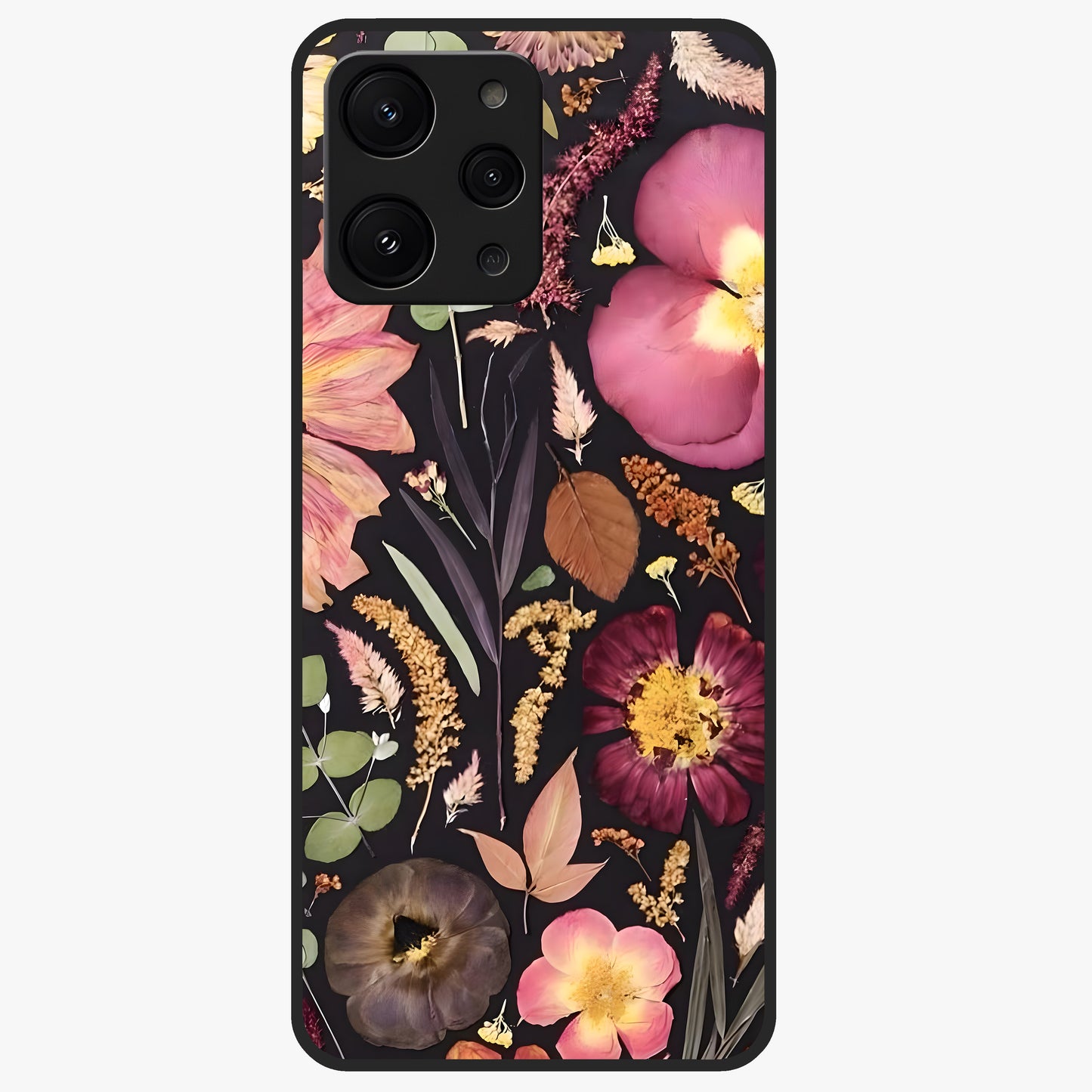 Petal Dream Tapestry Glass Case showing flat back view with intricate floral tapestry artwork and glossy glass finish.