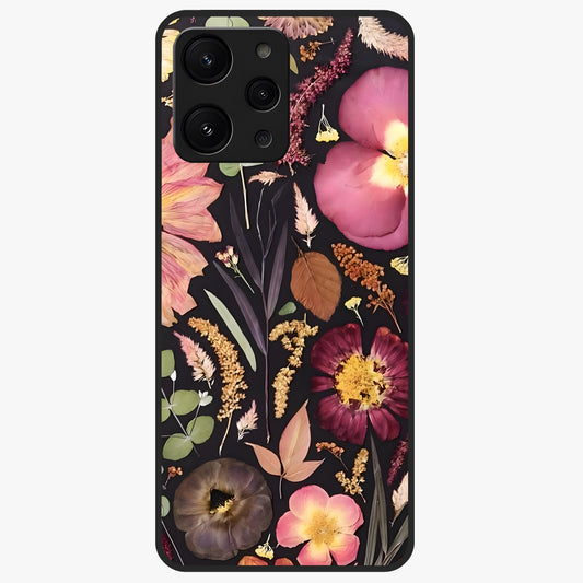 Petal Dream Tapestry Glass Case showing flat back view with intricate floral tapestry artwork and glossy glass finish.