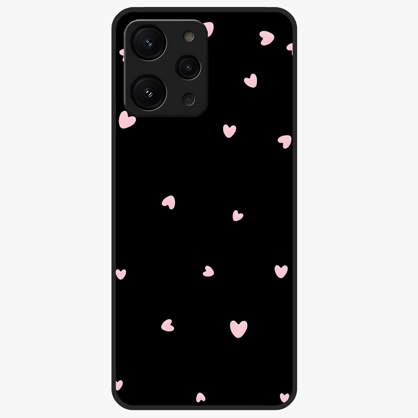 Pink Love Drops Glass Case showing flat back view with playful pink heart drops artwork and glossy glass finish.
