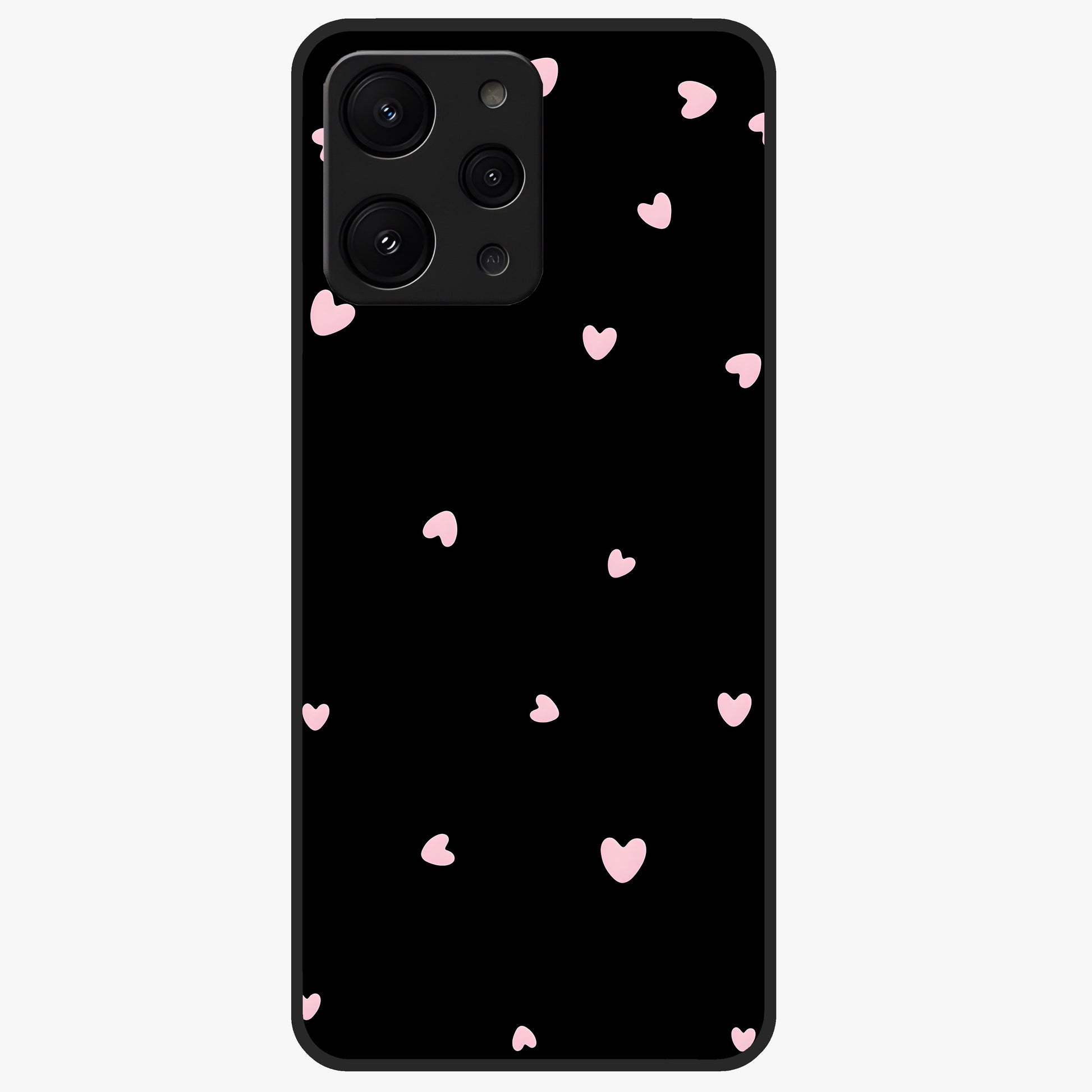 Pink Love Drops Glass Case showing flat back view with playful pink heart drops artwork and glossy glass finish.
