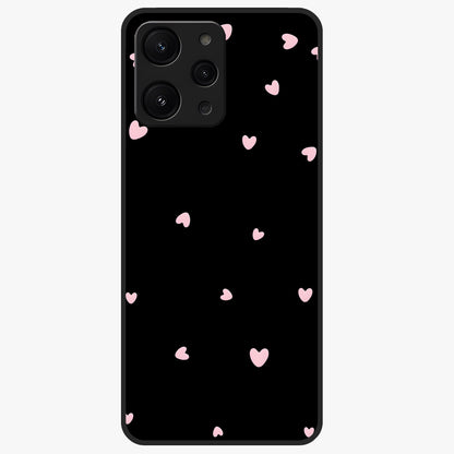 Pink Love Drops Glass Case showing flat back view with playful pink heart drops artwork and glossy glass finish.