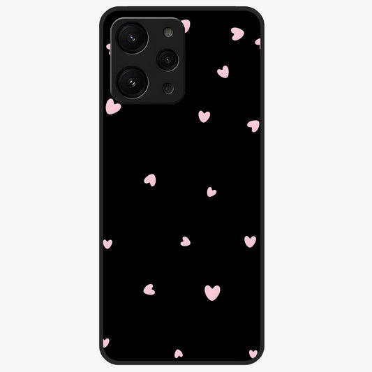 Pink Love Drops Glass Case showing flat back view with playful pink heart drops artwork and glossy glass finish.