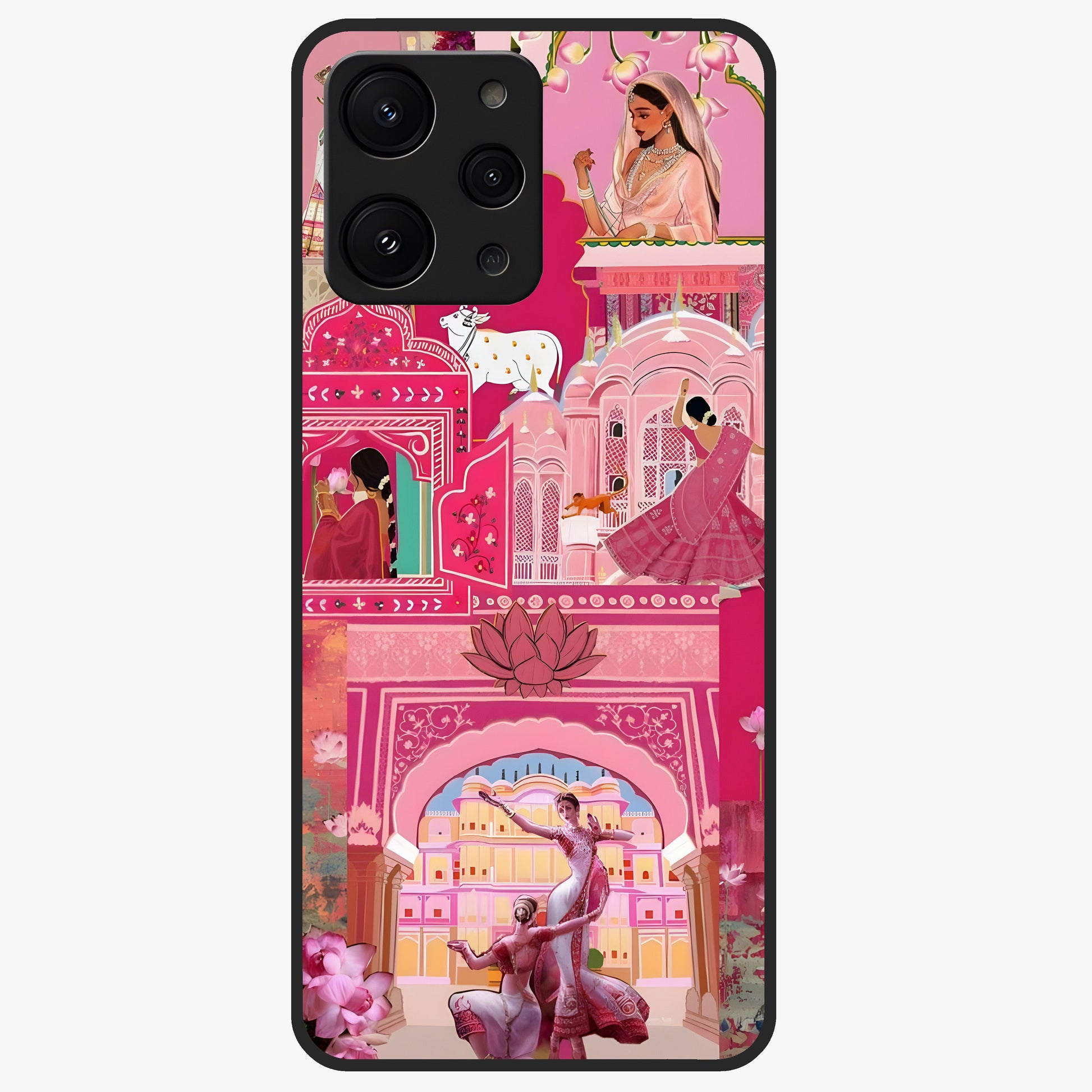 Pink Palace Muse Glass Case showing flat back view with elegant palace inspired artwork and glossy glass finish.